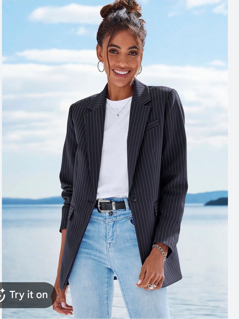 L'Academie Black Pinstripe Relaxed Blazer sz S